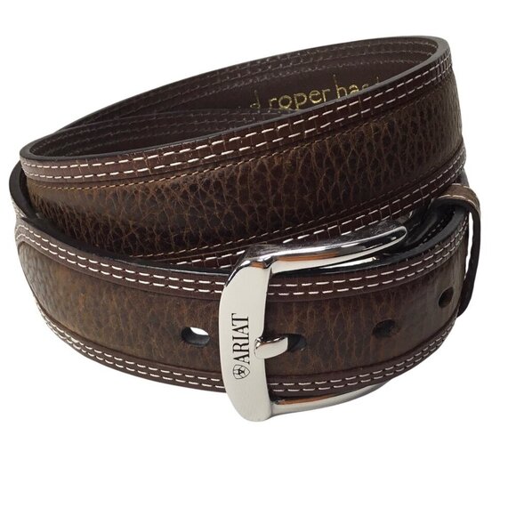 Ariat NWOT Belt Leather Baxter Black Oiled Rowdy Wester Brown Double Stitch 36 - Picture 1 of 8